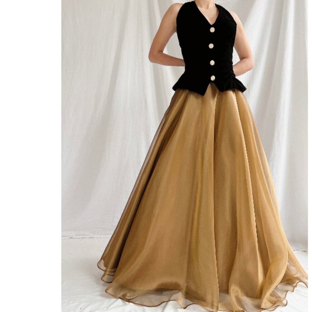 NWT80s Retro Victorian Ball Gown Party Dress Two Tone Velvet Gold Glitter Sz 12 - Picture 4 of 16